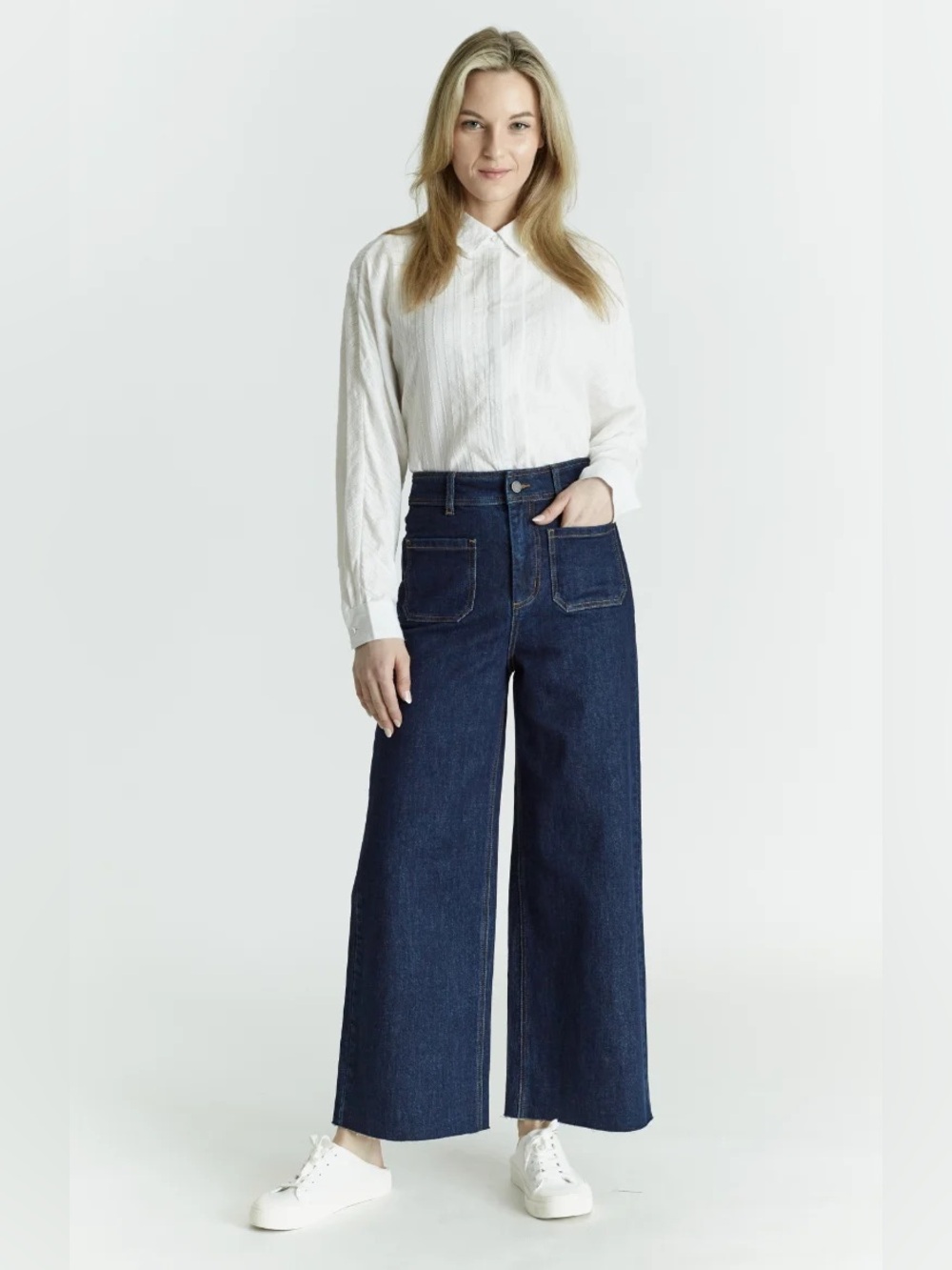 OAT NY High Rise Wide Leg Jeans Dark Blue Raw Hems Size 10/30